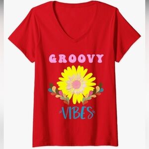 New! V Neck Groovy Vibes Tee Shirt NWTS